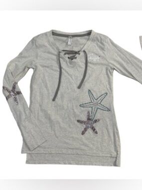 L.A.T. Live and tell Gray Lace-Up Starfish Long Sleeve Top